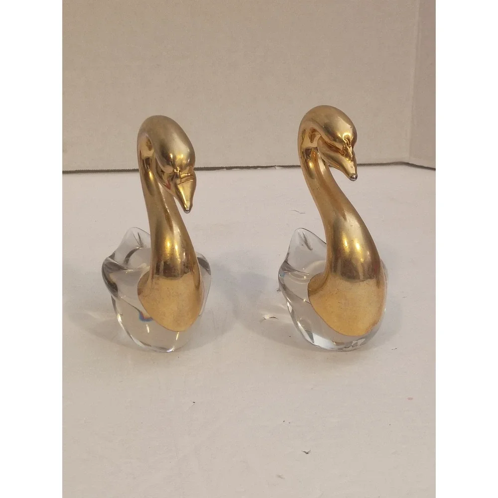 Vintage Art Glass Swan Figurines Gold Tone Metal Neck Set of 2 Mid Century Decor